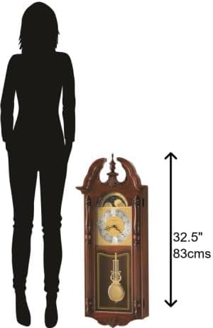 Howard Miller Handy Wall Clock II 549-443 – Windsor Cherry Finish, Vintage Home Décor, Polished Brass-Finished Pendulum, Quartz Dual-Chime Movement, Volume Control