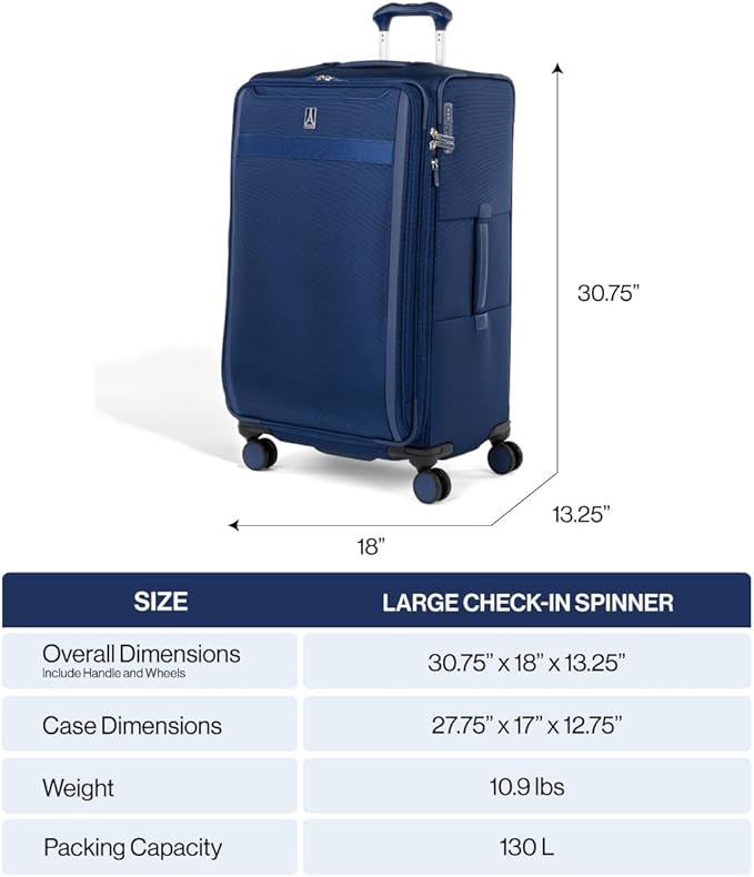 Travelpro VersaPack+ Lightweight Softside Expandable Checked Luggage, 8 Spinner Suitcase, TSA Lock, Men and Women, Checked Large 29-Inch, Estate Blue