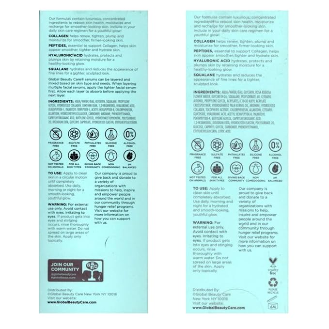 Global Beauty Smooth & Lift Collagen Facial Serum 1 fl oz 30 ml & Eye Cream .5 fl oz 15ml with Peptides, Hyaluronic Acid & Squalane 1fl oz 30ml