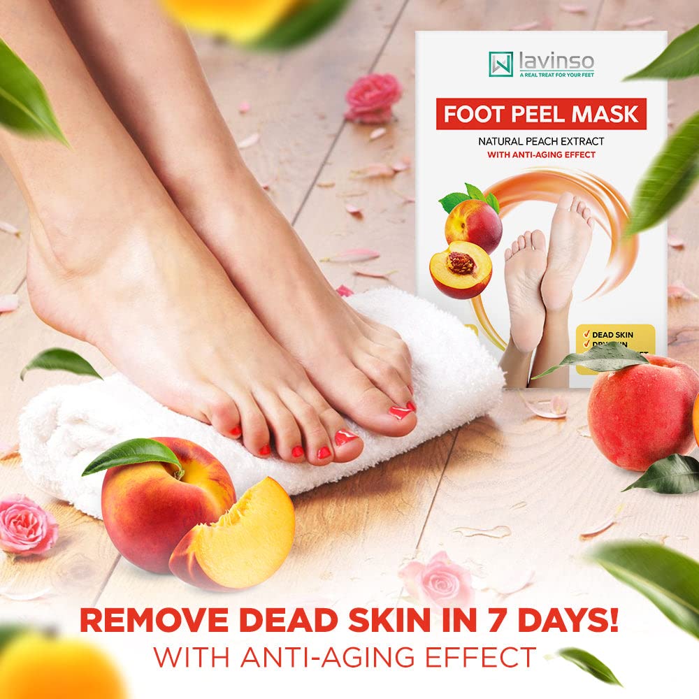 Lavinso Peach Foot Peel Mask for Dry Cracked Feet - 4 Pack - Dead Skin Remover Foot Mask for Cracked Feet and Callus - Exfoliating Feet Peeling Mask for Soft Baby Feet