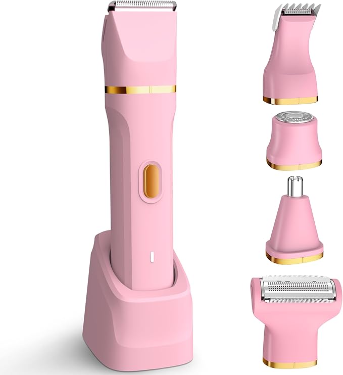 KINGTEE 5-in-1 Electric Bikini Trimmer for Women โ IPX7 Waterproof Shaver, Cordless Body & Facial Razors for Women, Ceramic Blades, USB-C Rechargeable, Painless Hair Removal Kit (Pink)