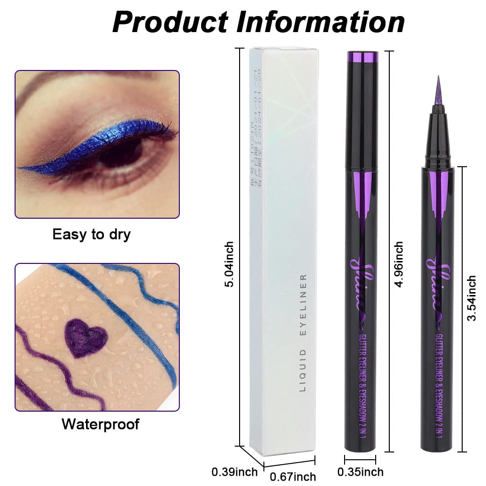 evpct 2Pcs Royal Blue & Purple Glitter Colored Liquid Eyeliner Eye Shadow Makeup Pencil Set, Purple Blue Face Body Glitter Makeup Fake Eyelashes Mascara, Sparkle Metallic Shimmer Eyeliner Waterproof