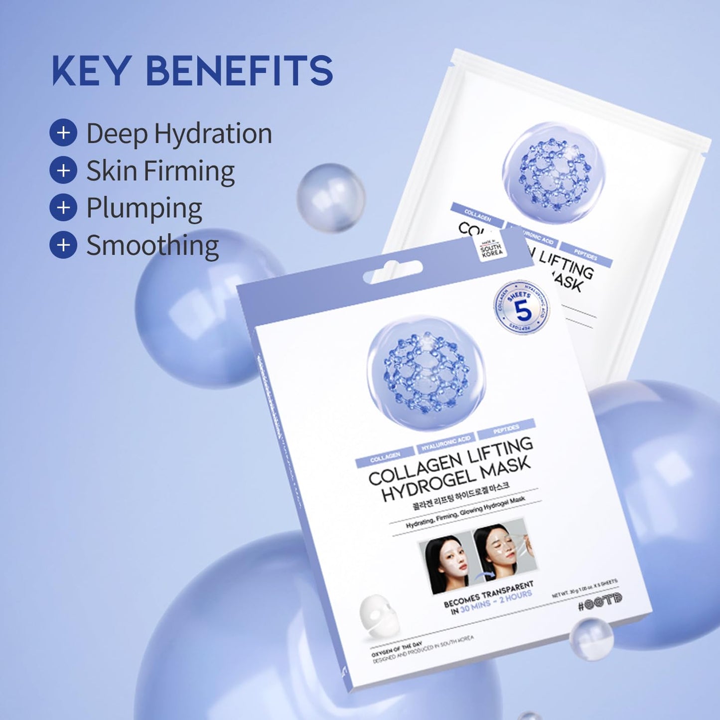 #OOTD Collagen, Hyaluronic Acid & Peptides for Elasticity, Hydration, and Firming. Lifting Hydrogel Sheet Mask - Face Mask (5pcs) - Glowelle