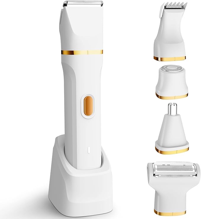 KINGTEE 5-in-1 Electric Bikini Trimmer for Women โ IPX7 Waterproof Shaver, Cordless Body & Facial Razors for Women, Ceramic Blades, USB-C Rechargeable, Painless Hair Removal Kit (White)