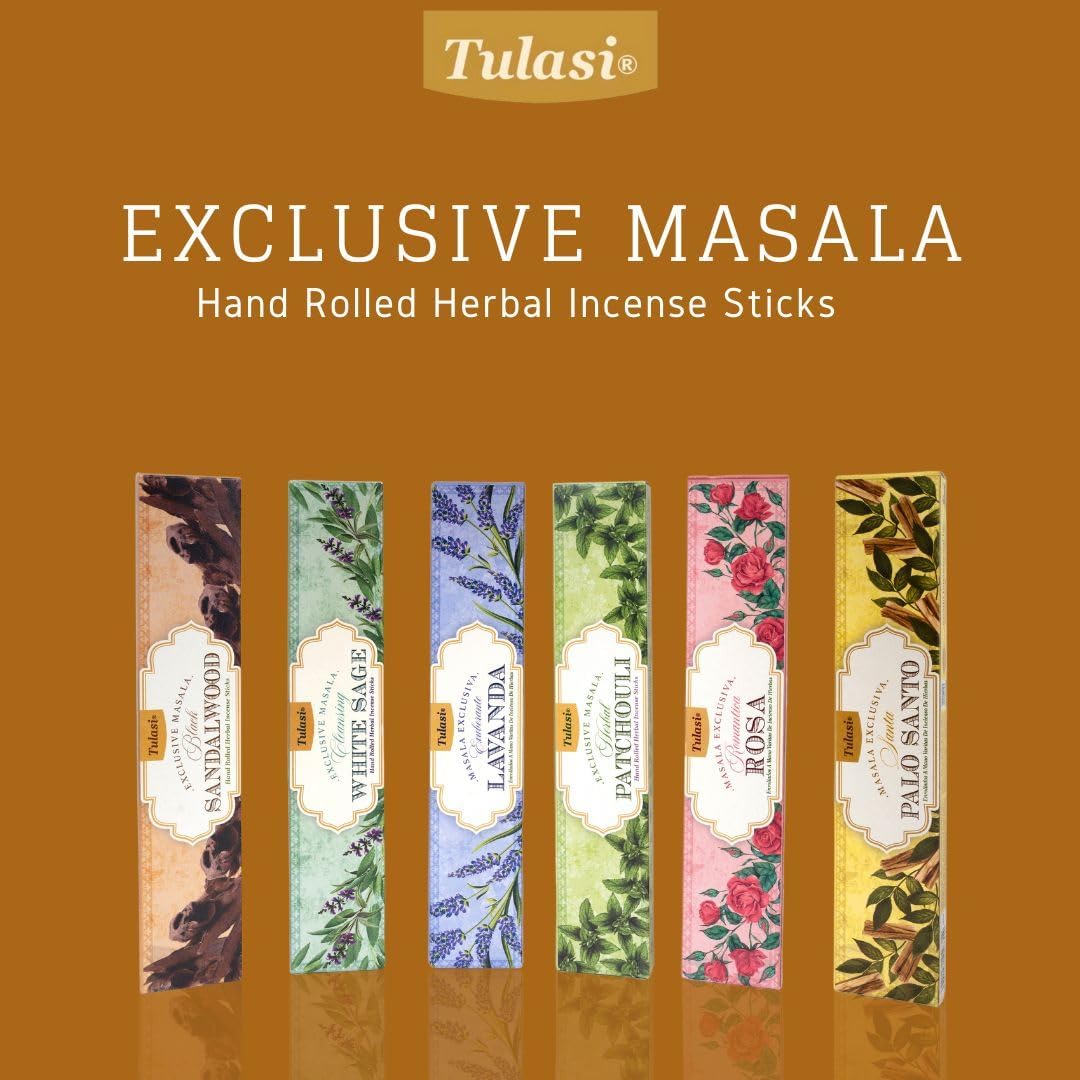 Tulasi Herbal Masala - Gift Pack of 6 x 15Gm, Hand Rolled Fragrance Incense Sticks for Aromatherapy, Relaxing, Yoga, Meditation, Prayer, 120 Herbal Incense Sticks with Natural Oils - Glowelle