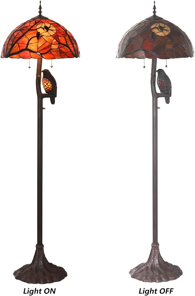 Bieye L10936 Ravens Sitting on Bare Tree Branch Against Full Moon Tiffany Style Stained Glass Floor Lamp with Raven Night Light Double Lit for Halloween Dรฉcor, 4-Light, 65 inches Tall (Black Red)