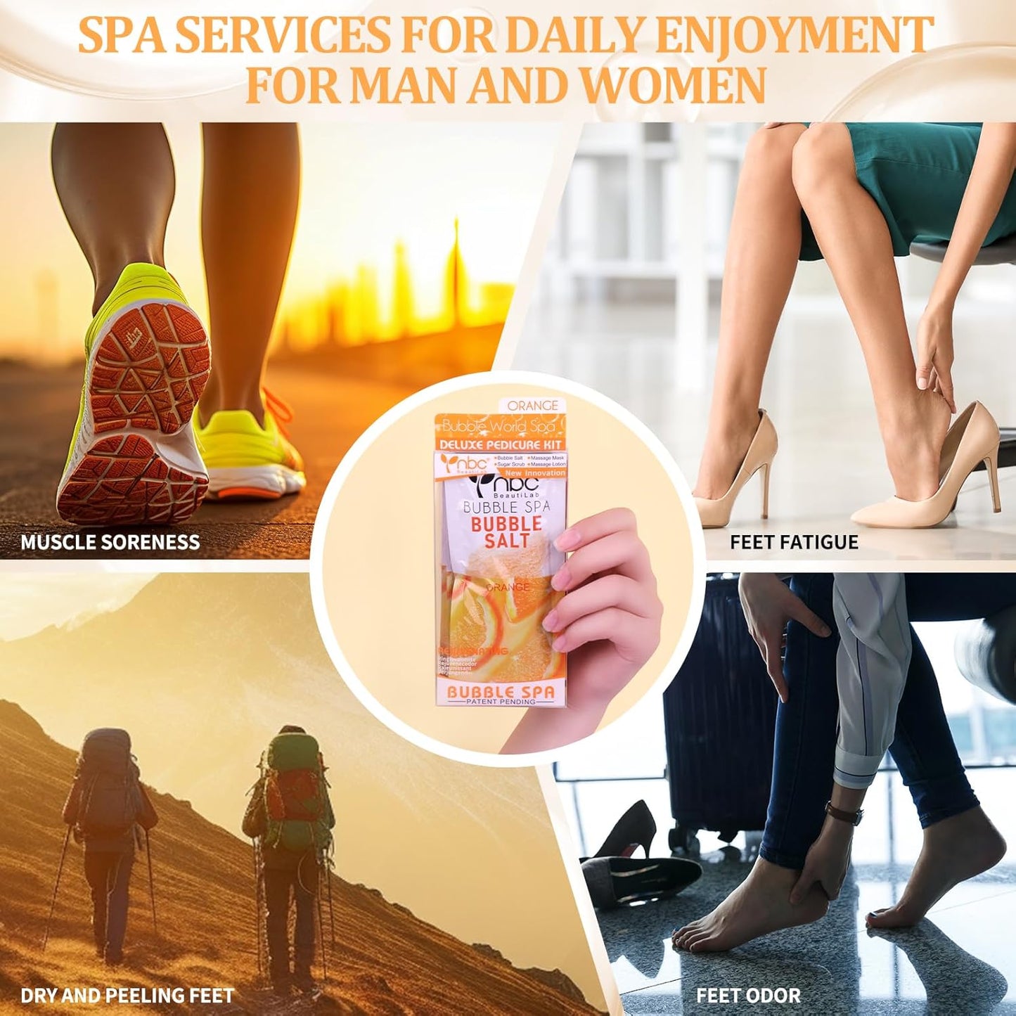 Pedicure Kit Foot Soak Set: Bubble Salt, Sugar Scrub, Massage Mask, Massage Lotion in a Box, 4 Step Foot Spa Kit for Dry Feet, Softens Calluses and Tired Feet๏ผ1 Set Orange)