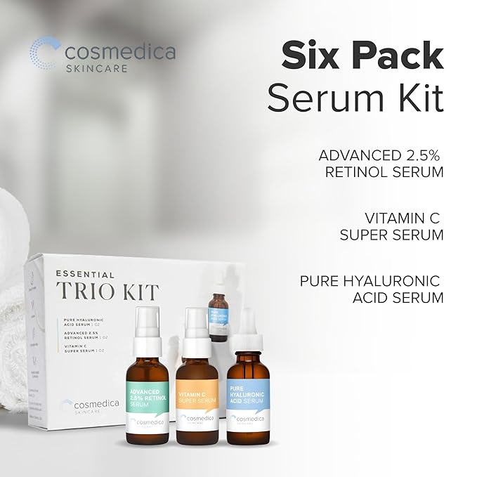 Cosmedica Skincare Facial Serum Trio Set Value for Clear Skin - Vitamin C Super Serum, 2.5% Retinol Serum, Pure Hyaluronic Acid Serum – Vegan, Cruelty-Free Skincare 6 pack