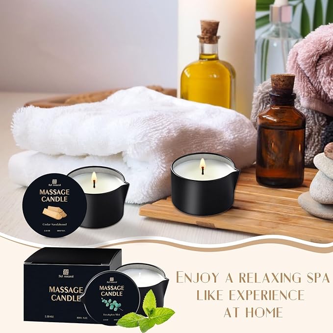 3 Pack Massage Oil Candles 2.35oz Low Temp Massage Candle Wax Spa Therapy Body Oil Valentines Gifts for Relaxation, Couples, or Self-Care (2.35 oz, Eucalyptus Mint, Cedar Sandalwood, Caramel Whisky)