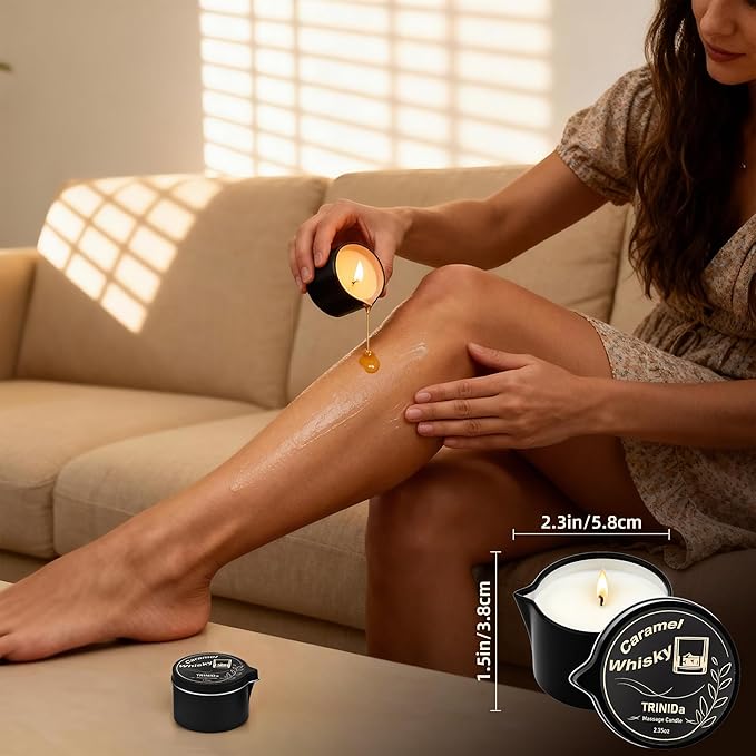 TRINIDa Low Temperature Massage Oil Candle 2.35oz - Soy Wax & Coconut Oil Blend, Moisturizes Skin,Stress Relief, Couples Massage & Home SPA, Romantic Gift Massage Scented Candle (Caramel Whiskey)