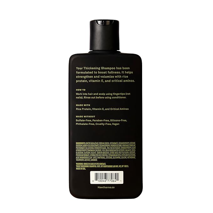 Hawthorne Thickening Shampoo for Thinning Hair. Fight Hair Loss With Rice Protein & Vitamin E Thickening Formula. Eucalyptus Mint Scent. Sulfate Free Mens All Natural Shampoo. 8 fl. oz. 2-Pack.