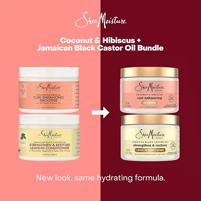 SheaMoisture Leave-In Conditioner Bundle, Coconut & Hibiscus Curl Enhancing Smoothie for Curly Hair, Frizz Control + Jamaican Black Castor Oil Strengthen & Restore for Hair Repair