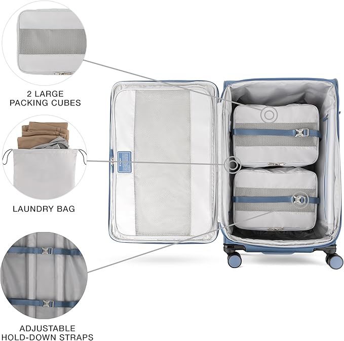 Travelpro VersaPack+ Lightweight Softside Expandable Checked Luggage, 8 Spinner Suitcase, TSA Lock, Men and Women, Checked Large 29-Inch, Elemental Blue