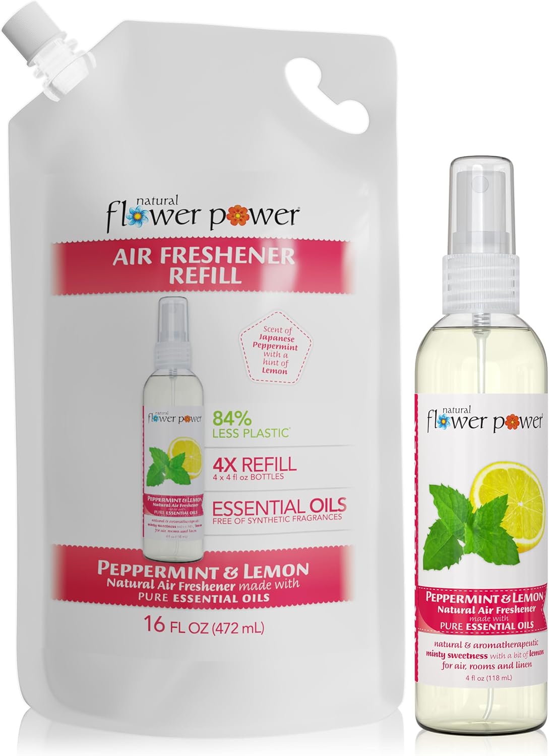 Air Freshener Spray Refills - Odor Eliminator w/Essential Oils - Home, Car & Fabric - Cruelty Free & Vegan โ Peppermint & Lemon Spray 4 fl oz + Refill 16 fl oz Combo