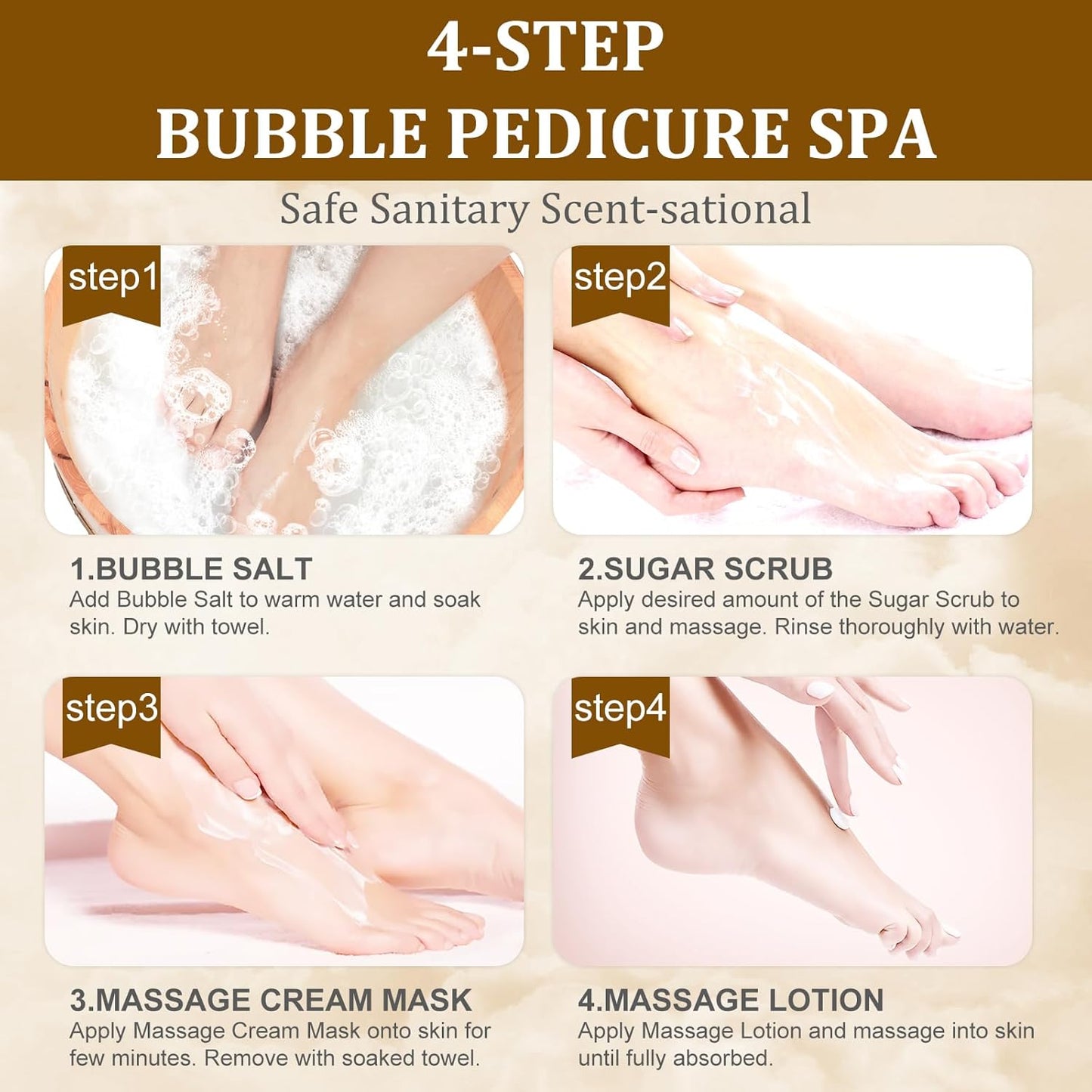 Pedicure Kit Foot Soak Set: Bubble Salt, Sugar Scrub, Massage Mask, Massage Lotion in a Box, 4 Step Foot Spa Kit for Dry Feet,Tired FeetοΌ3 Set Golden petals)