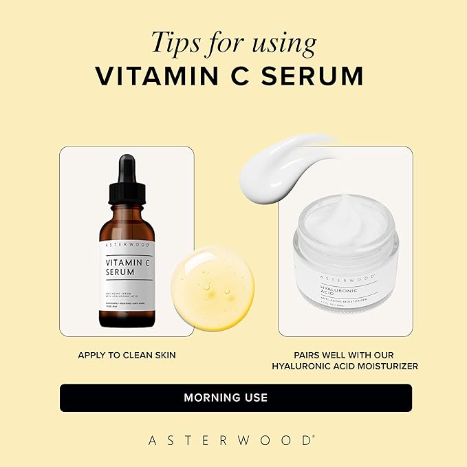 Asterwood Vitamin C Face Serum – with Hyaluronic Acid – Smoothing, Hydrating, Helps Support Healthy-Looking Skin Smoothness – Fragrance-Free – 8 Fl Oz