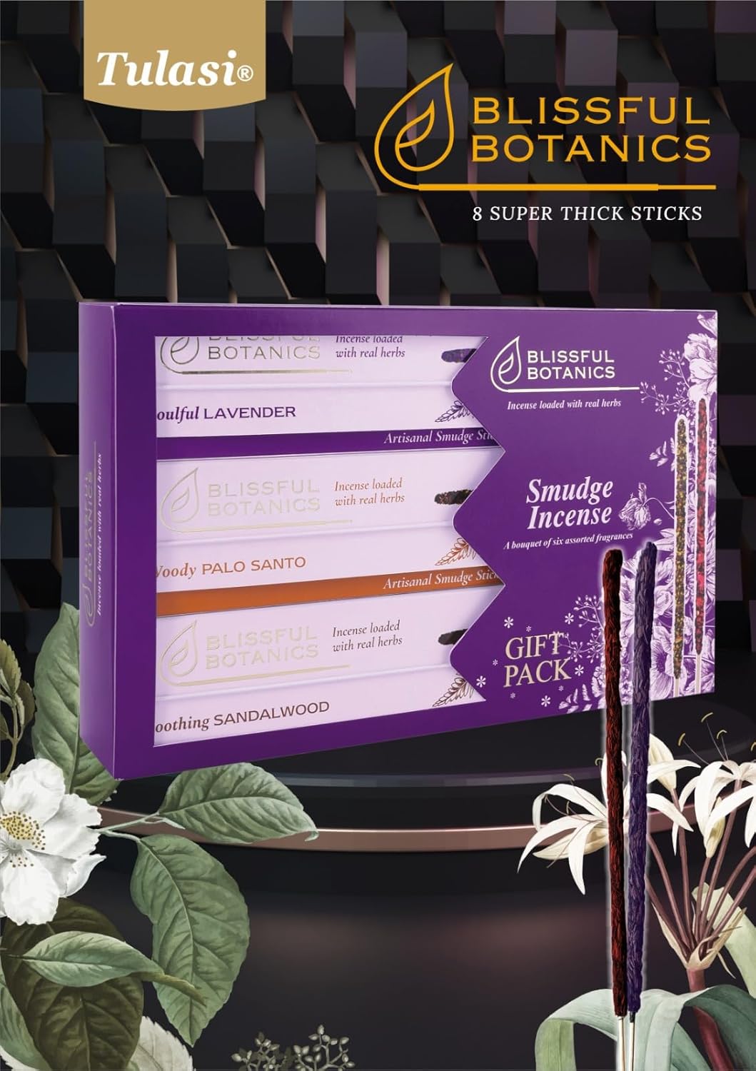 Tulasi Smudge Incense Sticks Gift Pack – 6 Scents x 40g Each – White Sage, Palo Santo, Lavender, Frankincense, Sandalwood, Rose – 48 Natural Herbal Incense for Aromatherapy, Yoga, Meditation - Glowelle