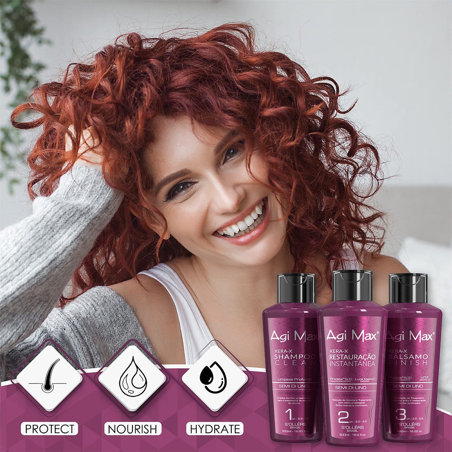 Brazilian Natural Keratin Hair Treatment Kit for Straightening Curls and Frizz, Reducing Dry Damage, Nourish and Hydrate Root to Tip, Support Color Treated Styles - 1 liter 3 Steps 3 x 500ml - Glowelle