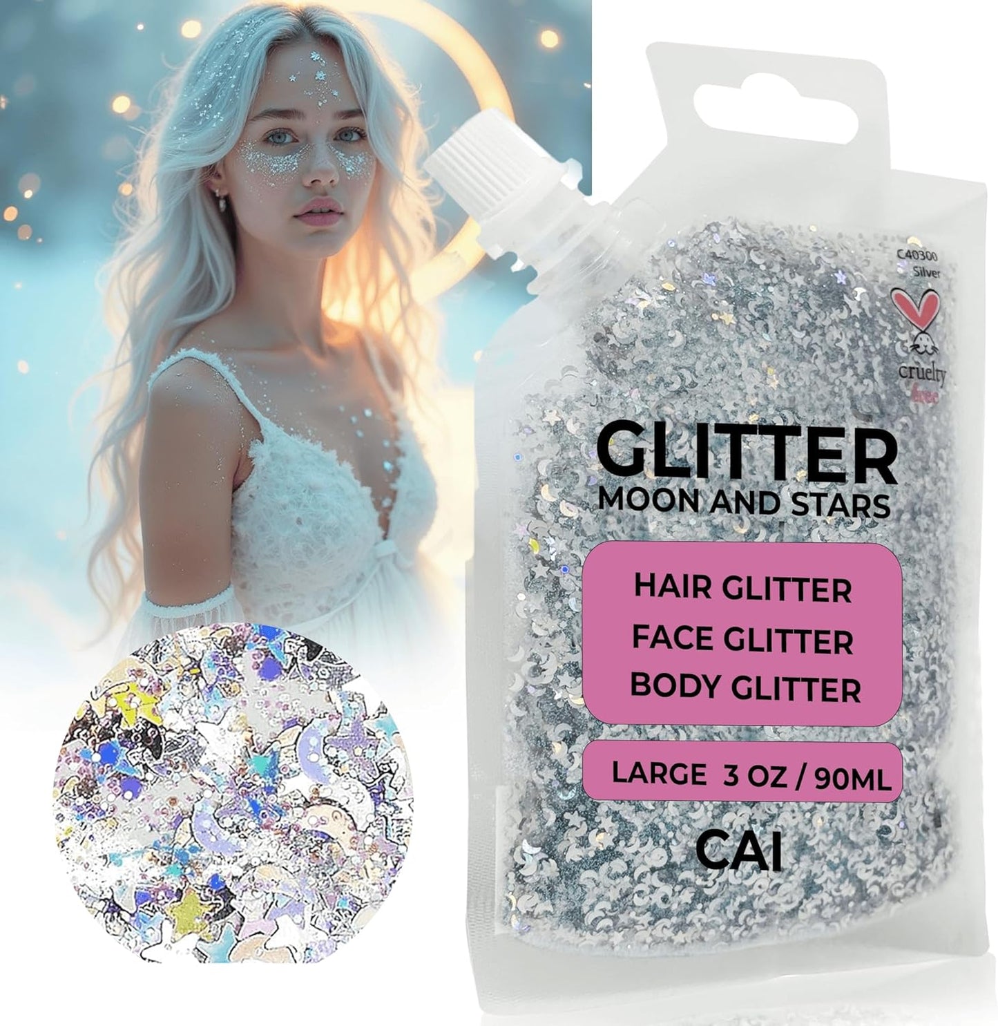 Face, Body & Hair Glitter Gel – Halloween Glitter for Kids and Women – 3 Oz Cosmetic-Grade Gel w/Moon & Stars for Festivals & Halloween Party, Easy Apply & Wash Off - Silver 1Pack