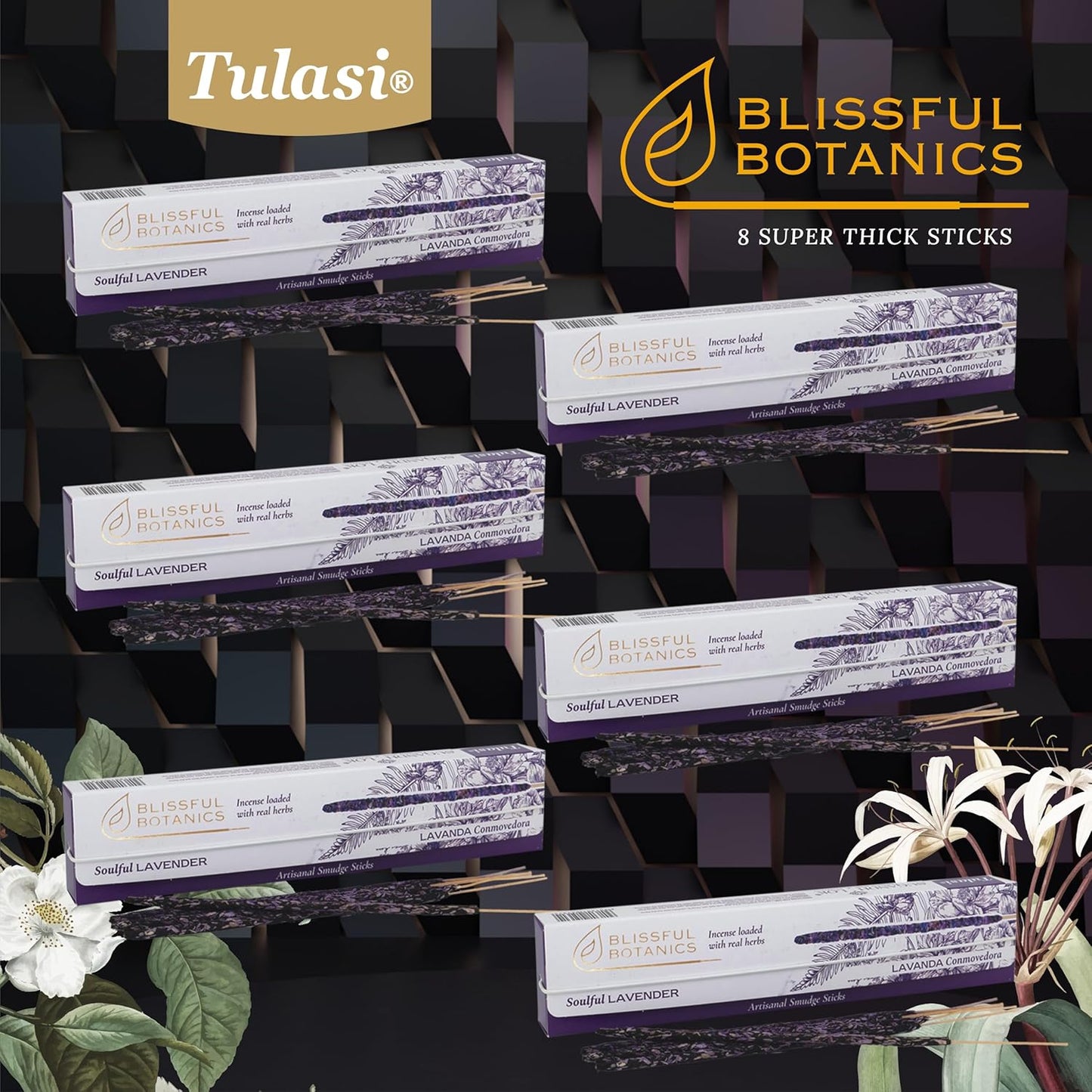 Tulasi Lavender Smudge Incense Sticks Pack – 48 Natural Smudge Sticks (6 Boxes x 8) | Long Burning (55 Min) | Aromatherapy, Spiritual Cleansing, Meditation, Mood Lifting, Air Purifying Incense - Glowelle