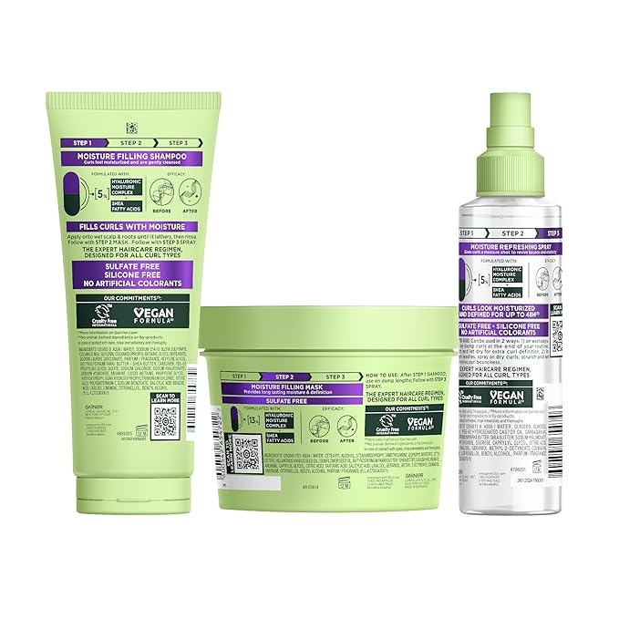 Garnier Fructis Method for Curls Curly Hair Products, Moisture Filling Shampoo, Hair Mask and Curl Refresher Spray, Designed and Tested for 2C to 4C Curls and Coils, 1 Kit