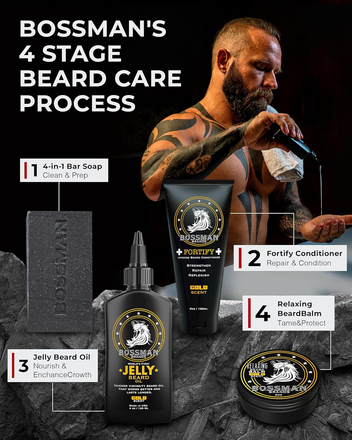 Bossman Fortify Intense Beard Conditioner for Men (Gold Scent) – Moisturizes, Replenishes & Protects with Natural Ingredients – Thicker Formula, Made in USA
