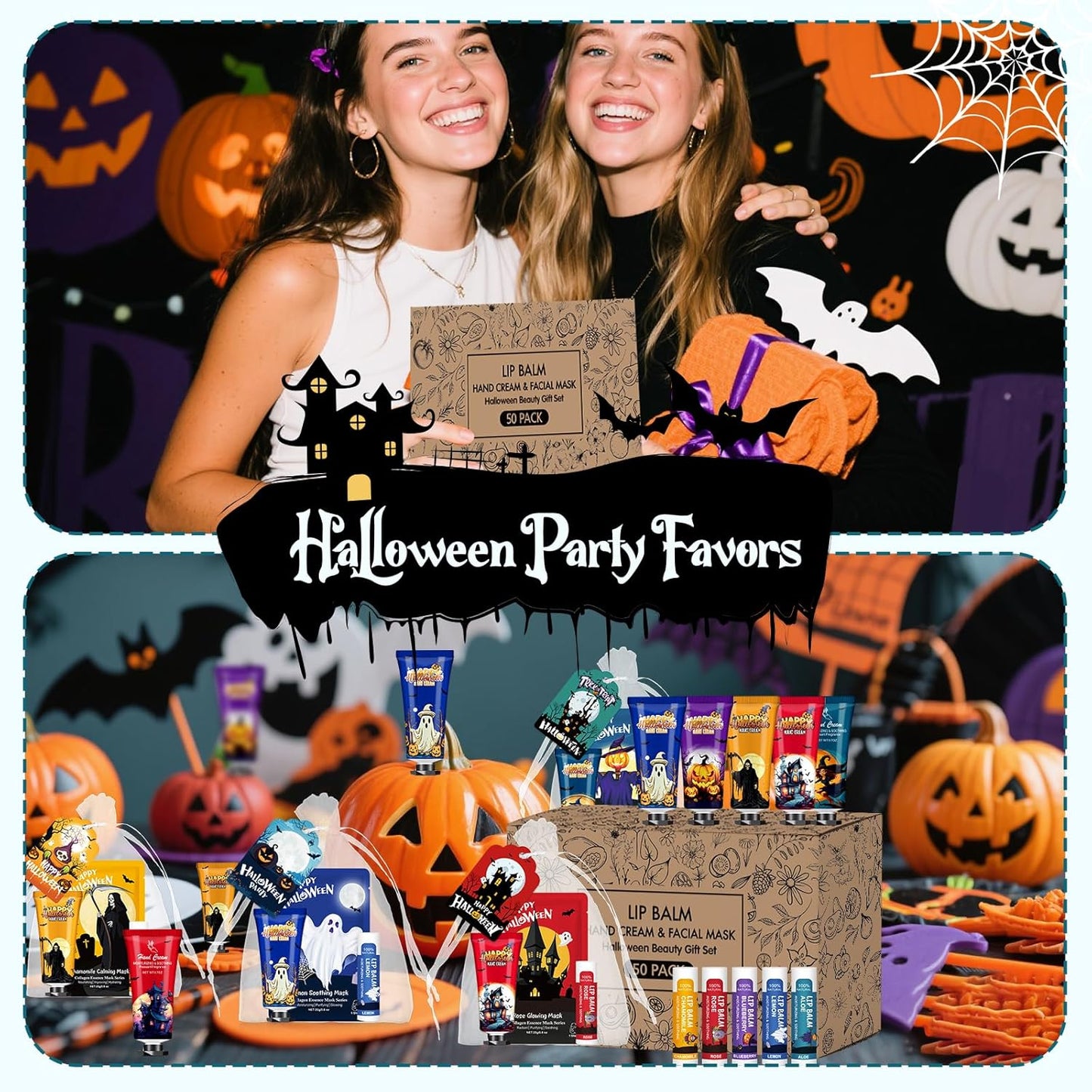 VESPRO 50 Pack Halloween Hand Cream, Facial Mask and Lip Balm Set, Bulk Halloween Gifts for Women, Halloween Decorations, Halloween Party Favors, Halloween Basket Stuffers and Halloween Skincare - Glowelle