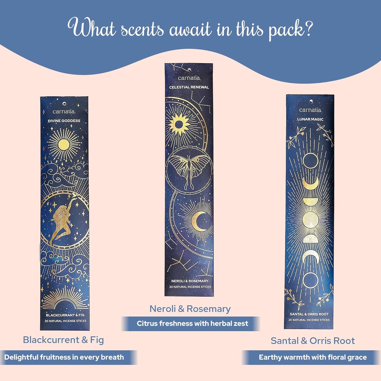 Carnatia Starry Spell Incense Sticks – Set of 6 Mystical Scents, 120 Premium Sticks for Creativity, Focus, Manifestation & Meditation | Natural, Slow-Burning for Spiritual Rituals & Self-Care! - Glowelle