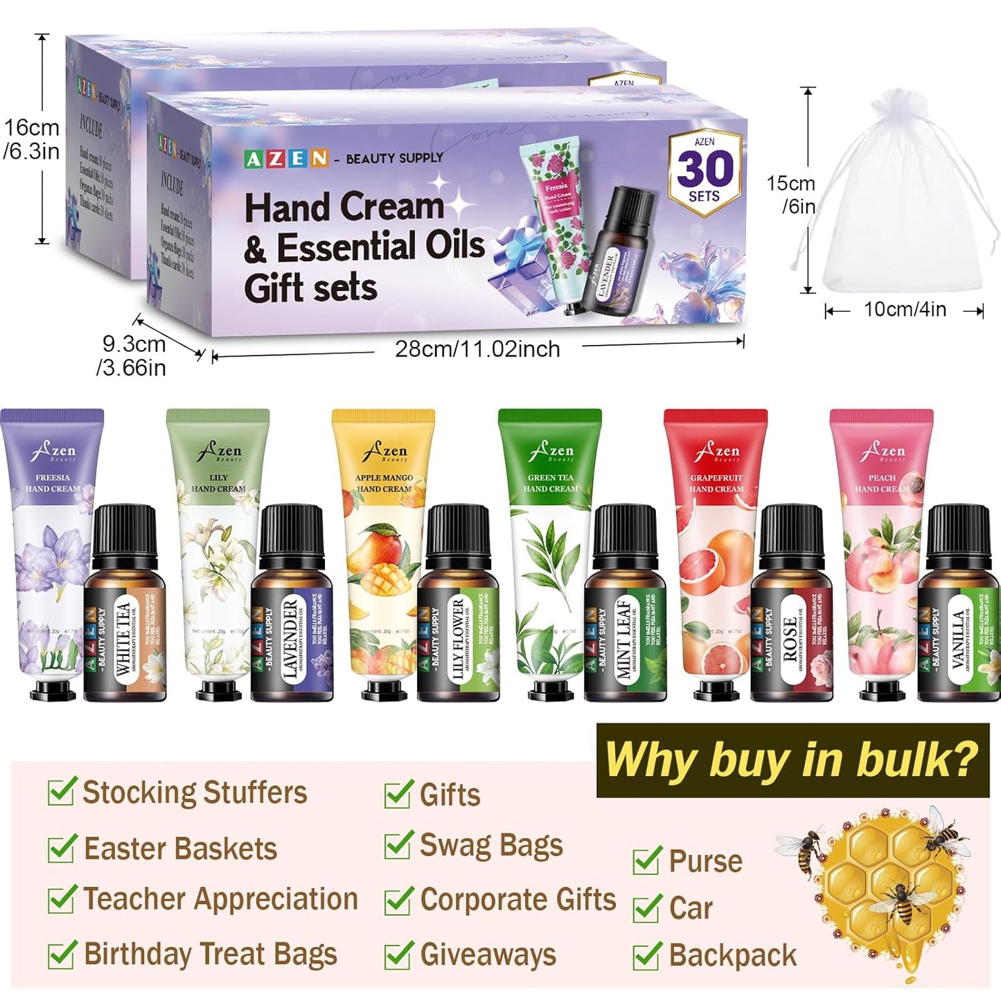 AZEN 60 Sets Bulk Gifts, Hand Cream and Essential Oils Bulk Set with Organza Bag Thank You Card, Baby Shower Wedding Gifts for Guests, Bridal Wedding Favors for Guests,Thank You Gifts for Women - Glowelle