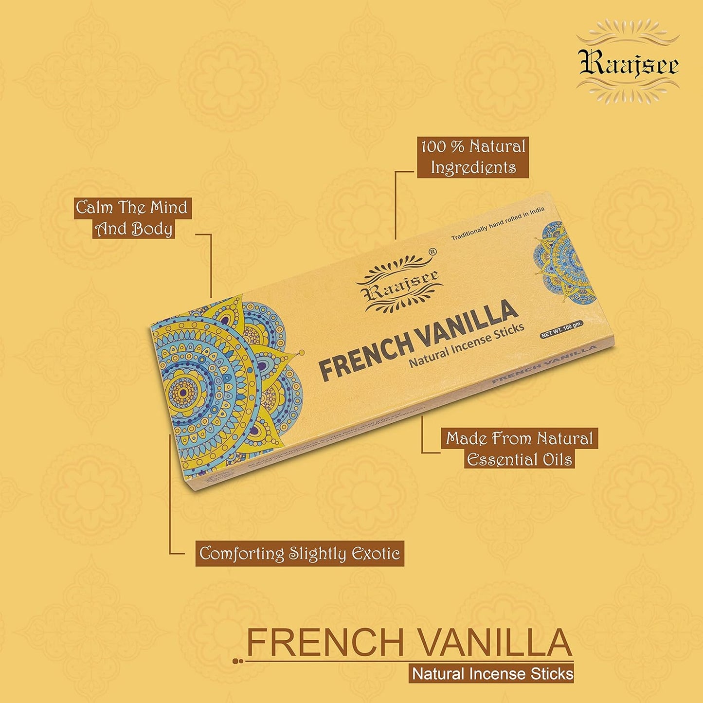 Raajsee Vnilla Incense Sticks 100 Gm Pack-100% Natural Insence Sticks -Organic Non Toxic - Charcoal Free - for Church,Aroma Therapy,Relaxation,Meditation - Glowelle