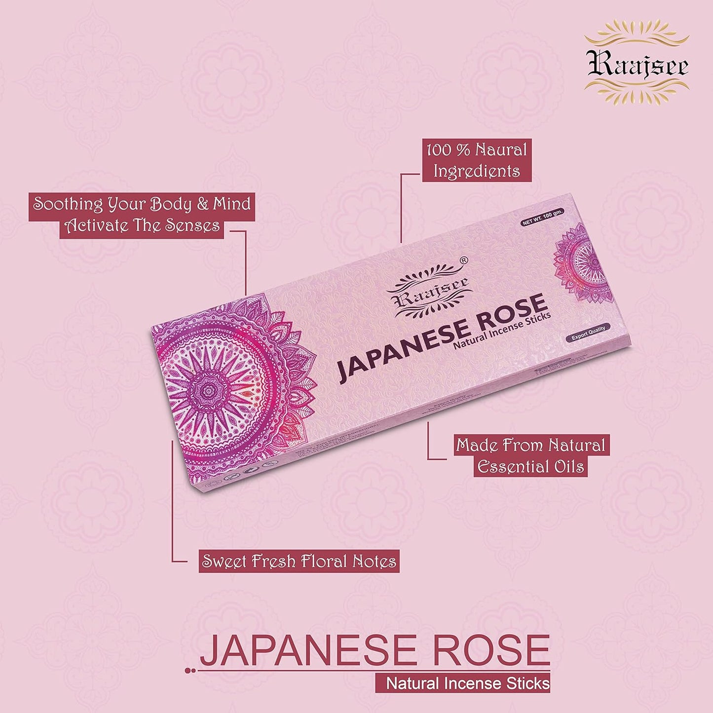 Raajsee Japanese Rose Incense Sticks 100 Gm Pack-100% Pure Organic Natural Hand Rolled Free from Chemicals-for Church,Aromatherapy,Relaxation,Meditation & Sensual Therapy - Glowelle