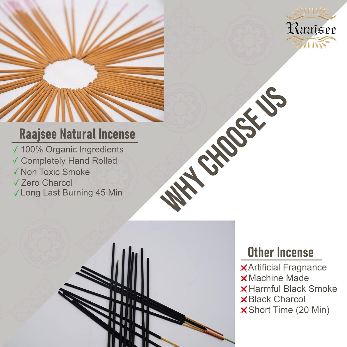 Raajsee Natural Incense Sticks,6 Pack Mixed Scents Gift Pack 15 gm Each (90 gm Total), Insense Sticks Variety Pack, 100% Organic Non Toxic Natural - Hand Rolled Free from Chemicals - Glowelle