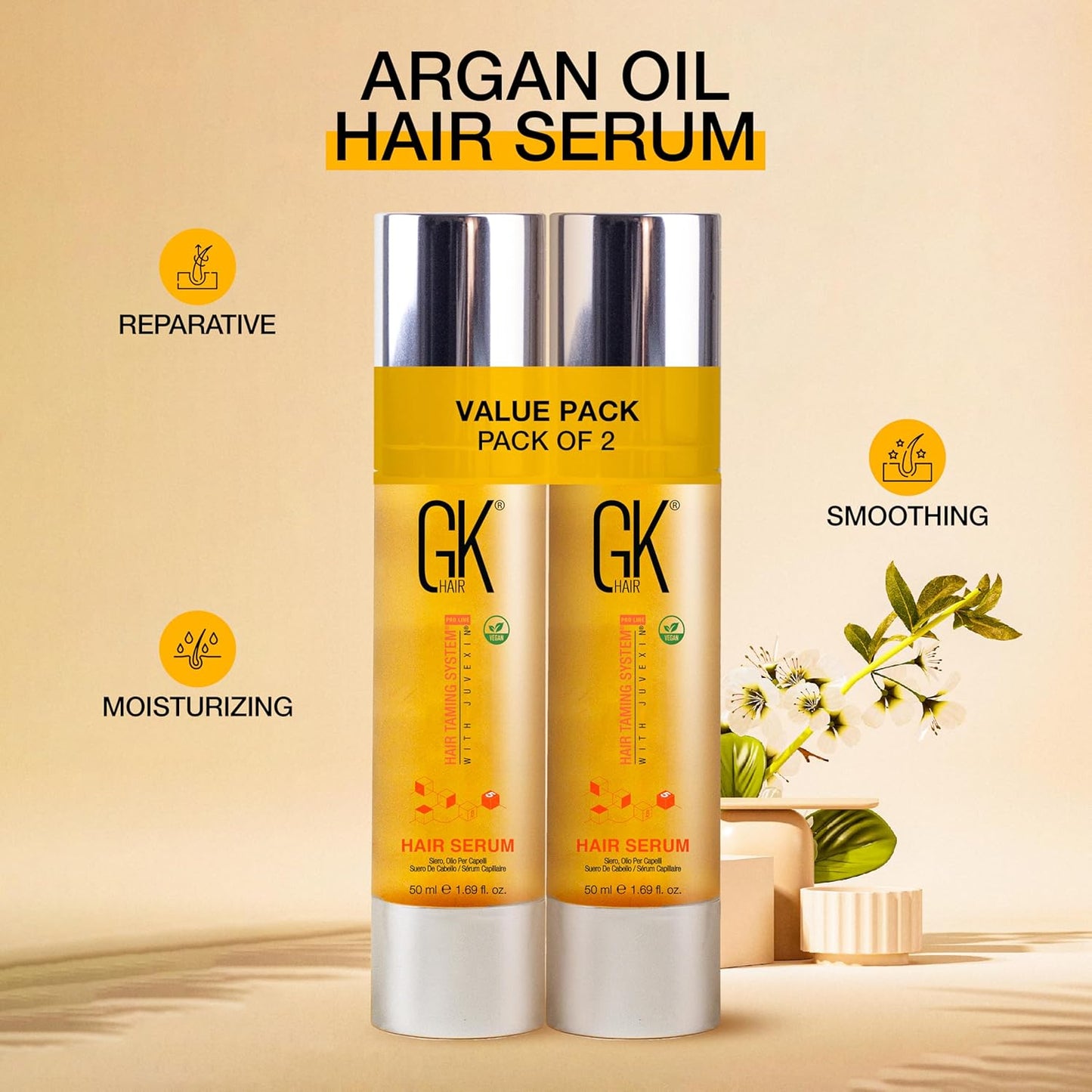 GK HAIR Global Keratin 100% Organic Argan Oil Anti Frizz Hair Serum Pack of 2 (1.69 Fl Oz/50ml) Styling Smoothing Strengthening Hydrating & Nourishing Heat Protection Shine For Frizzy Dry Damaged Hair