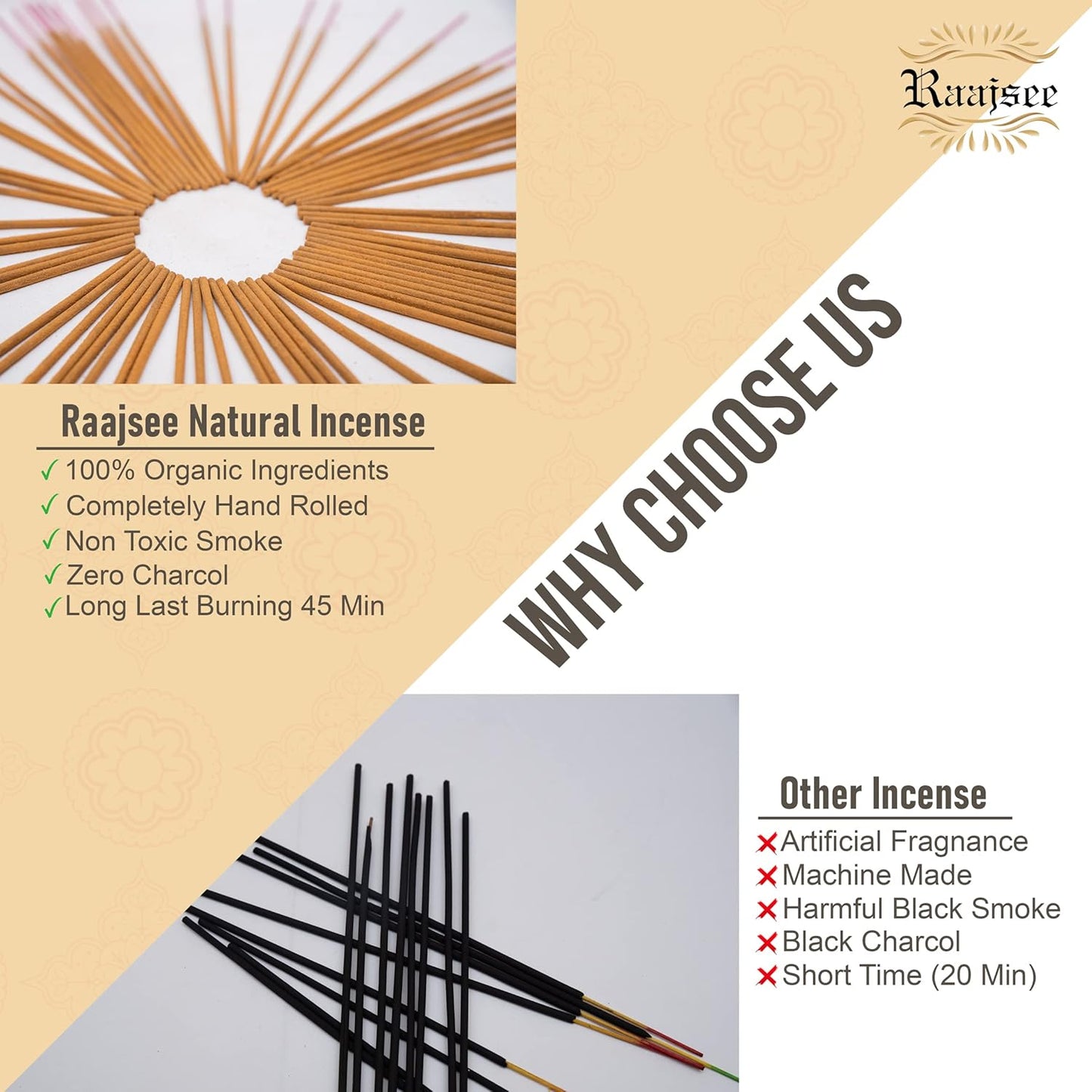 Raajsee Incense Sticks Multipack 15 Sticks x 5 Pack -100% Pure Organic Natural Assorted insense Stick - Hand Rolled Free from Chemicals -Perfect for Church Aromatherapy, Sandalwood,White sage, Rose - Glowelle