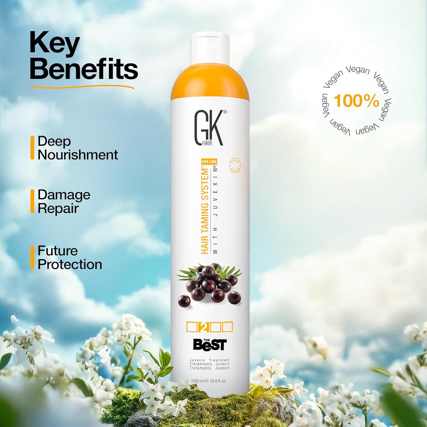 GK HAIR Global Keratin The Best ACAI (33.8 Fl Oz/1000ml) Smoothing Keratin Hair Treatment - Professional Brazilian Complex Blowout Straightening For Silky Smooth & Frizz Free Hair - Glowelle