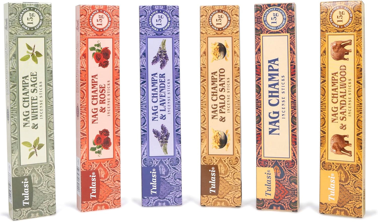 Tulasi Nag Champa Incense Sticks Gift Pack of 6, Hand Rolled Fragrance Incense Sticks for Aromatherapy, Relaxing, Yoga, Meditation, Prayer, Agarbatti Stick with Natural Oils (15gm x 6) - Glowelle