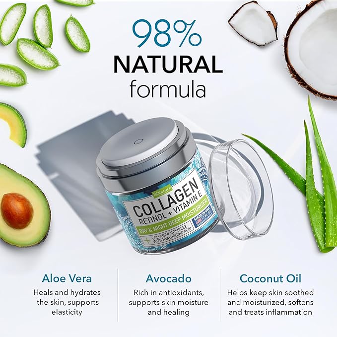 Collagen Cream for Face with Retinol & Hyaluronic Acid - Face Moisturizer for Women & Men - Skin Tightening & Firming - Anti Aging Daily Face Moisturizer in an Airless Pump - Intense Hydration - 1.7oz