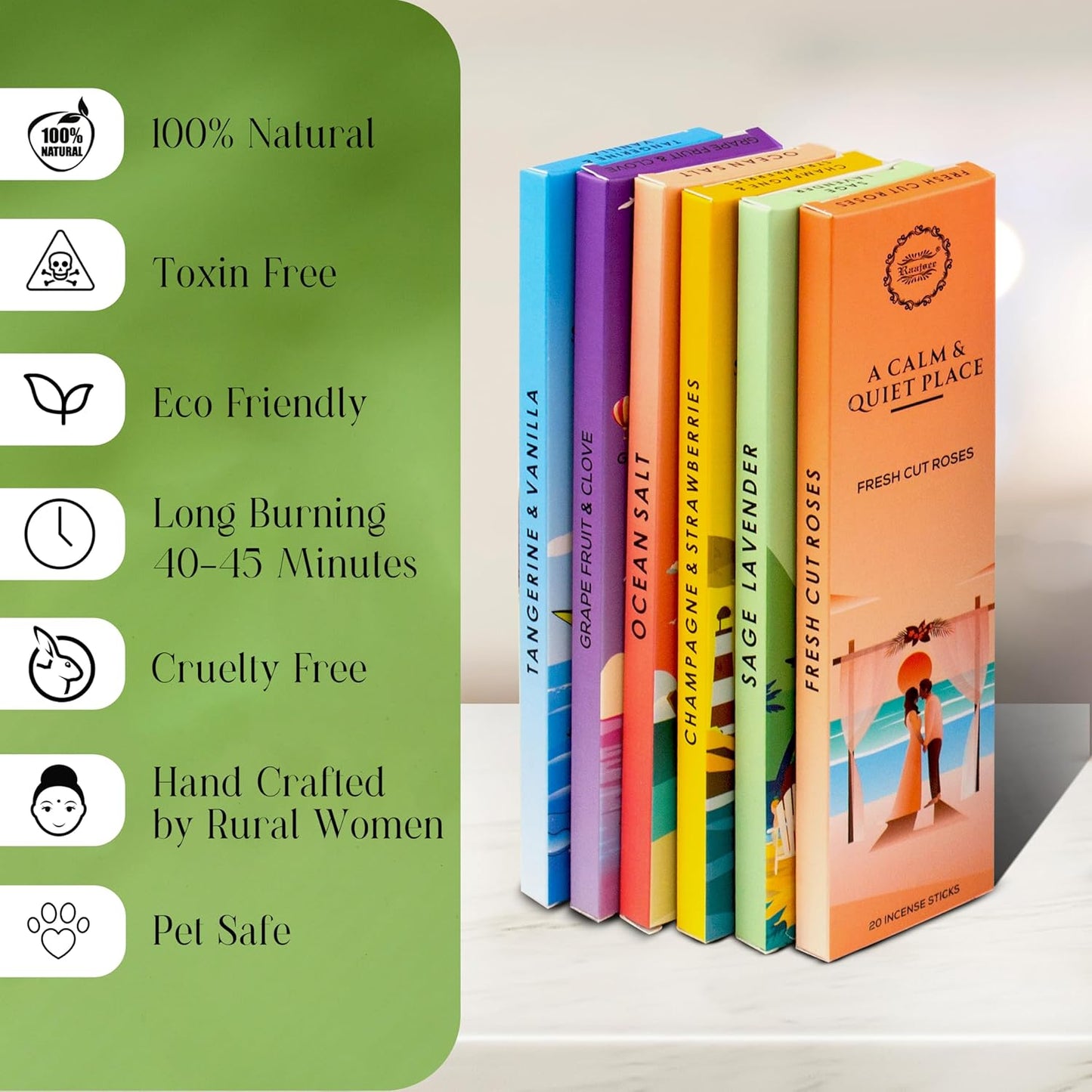 Raajsee Incense Sticks Natural, Set of 6 Organic Incents –120 Insence-Sticks with Holder– Aromatherapy Gifts, Non Toxic Clean Burning for Spiritual Cleansing – Ocean Salt, Grape Fruit Clove, Sage - Glowelle