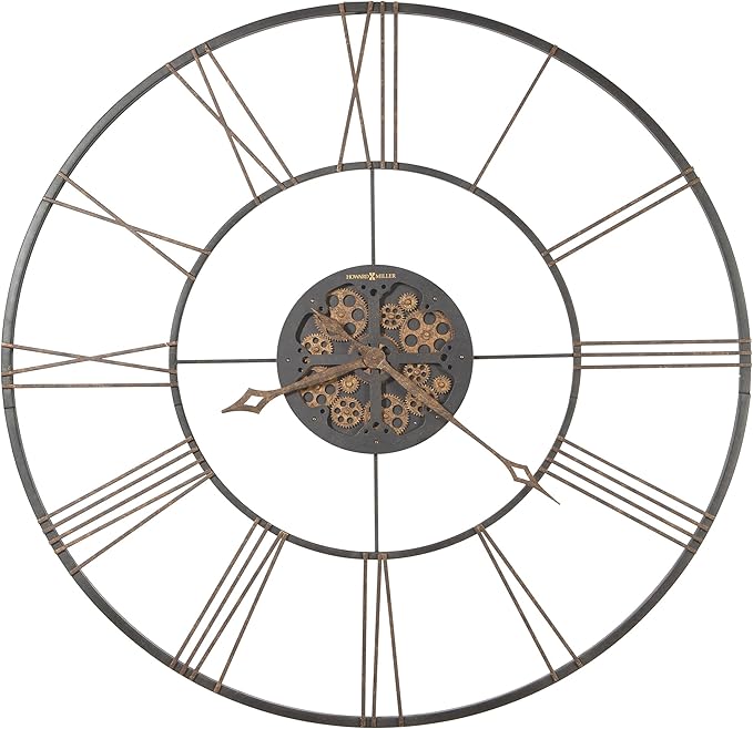 Howard Miller Dakota Oversized Wall Clock, Classic Round Analog Dial Metal Gears with Roman Numerals Quartz Movement, Battery Operated Black Finish Best for Office Decor & Home Decor