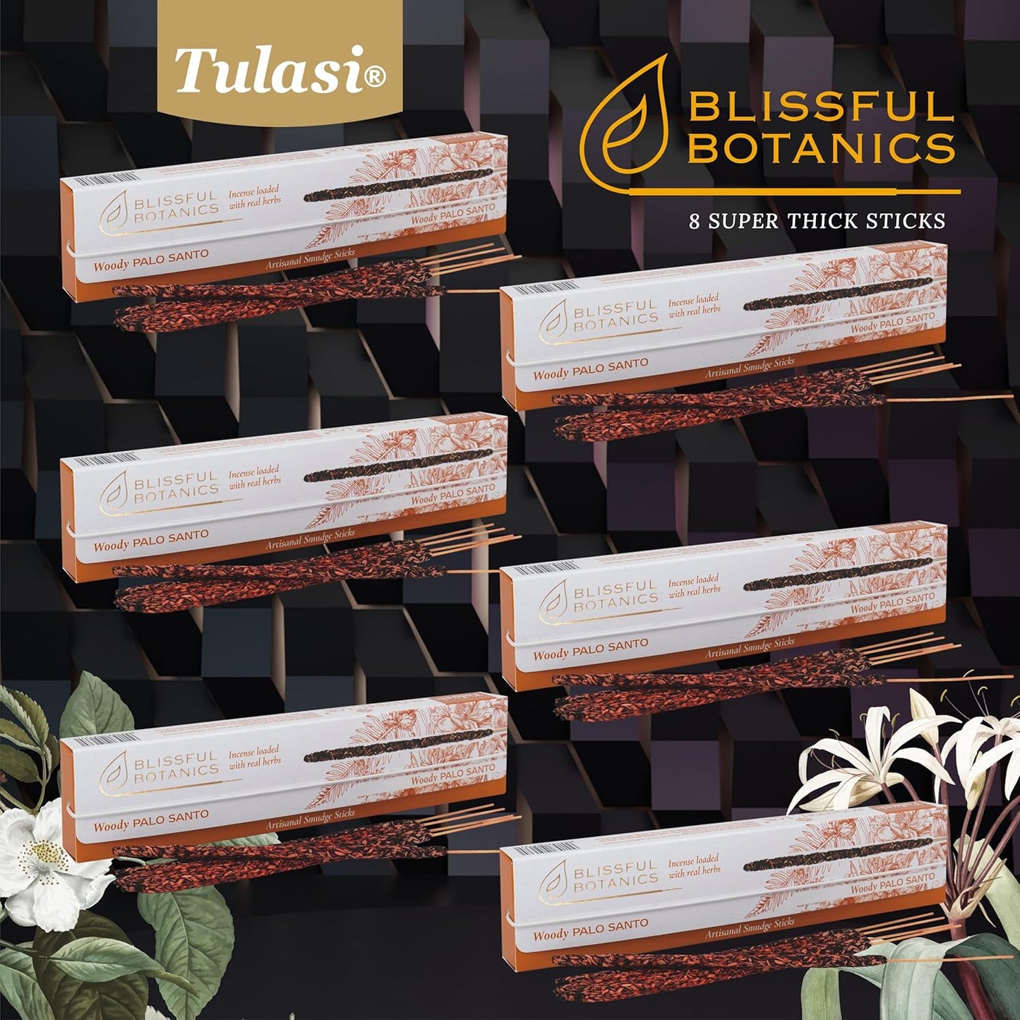 Tulasi Palo Santo Smudge Incense Sticks Pack – 48 Natural Smudge Sticks (6 Boxes x 8) | Long Burning (55 Min) | Aromatherapy, Spiritual Cleansing, Meditation, Mood Lifting, Air Purifying Incense - Glowelle