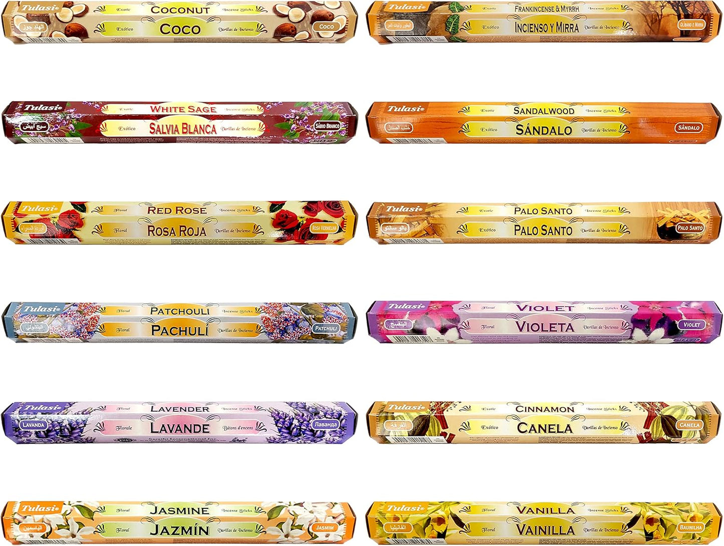 Tulasi Incense Sticks Pack of 12 Natural Scent (240 sticks) Variety Fragrance of Coconut, White Sage, Red Rose, Palo Santo, Lavender & Cinnamon etc, Ideal for Aromatherapy, Meditation & Positive Vibes - Glowelle