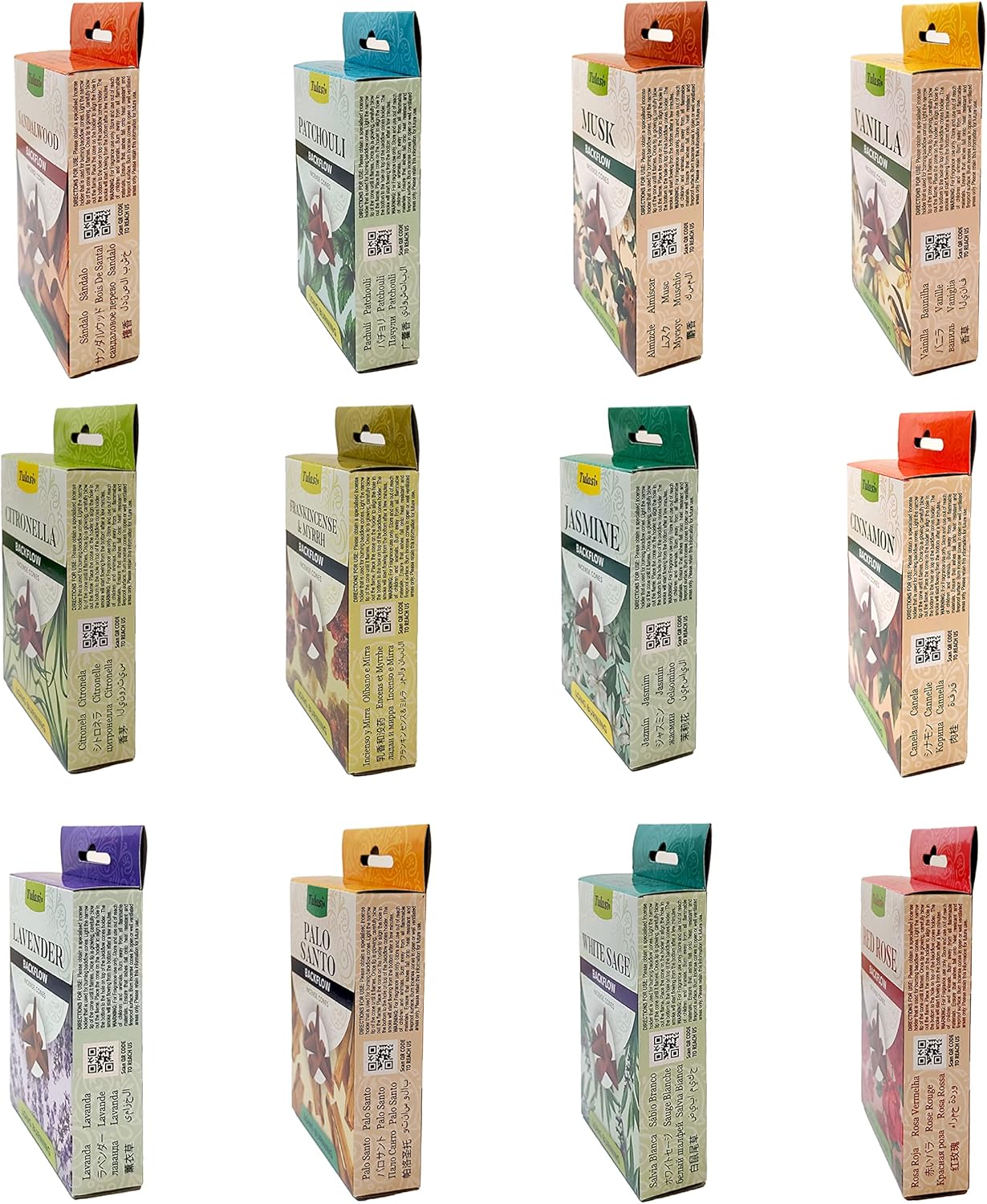 Tulasi Backflow Incense Cones with Natural Oils, Scents Set of 12 Fragrances (120 Cones) Calming Home Aromatherapy, Yoga, Meditation, Relaxing, Mixed Scents with Natural Oils - Glowelle