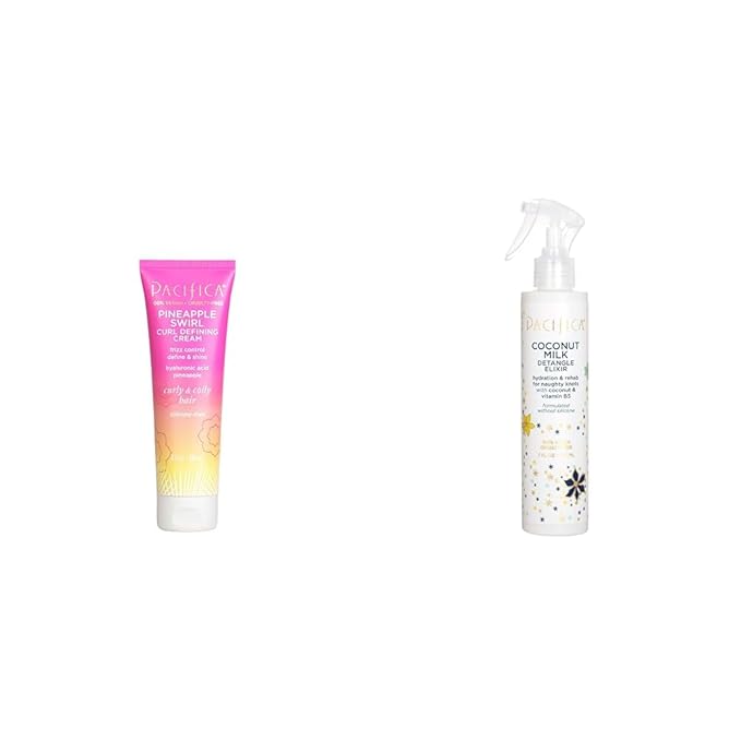 Pacifica Beauty Pineapple Swirl Curl Defining Cream, 4 Fl Oz & Coconut Milk Detangle Elixir Detangler Spray, Leave In Conditioner