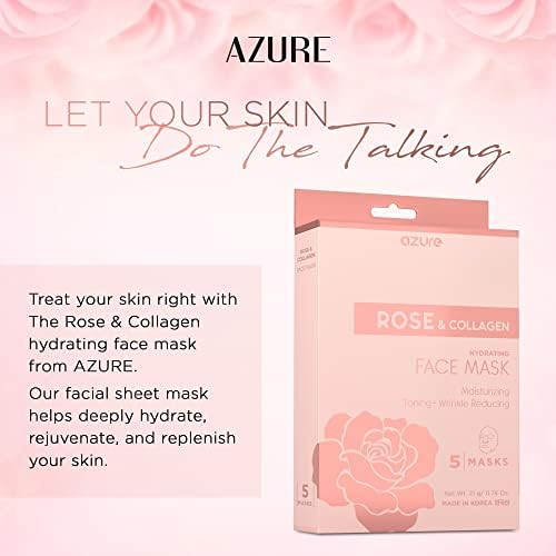AZURE Rose & Collagen Hydrating Facial Sheet Mask - Toning, Lifting & Deeply Moisturizing - Reduces Fine Lines & Wrinkles, Reduces Signs of Aging & Dry Patches - Skin Care Made in Korea - 10 Pack