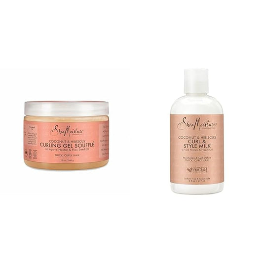SheaMoisture Coconut Hibiscus Curling Gel Souffle 12 oz & Curl Style Milk 8 oz for Thick, Curly, Defined Hair