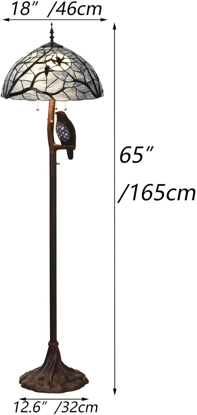 Bieye L10882 Ravens Sitting on Bare Tree Branch Against Full Moon Tiffany Style Stained Glass Floor Lamp with Raven Night Light Double Lit for Halloween Décor, 4-Light, 65 inches Tall (Dark Blue)