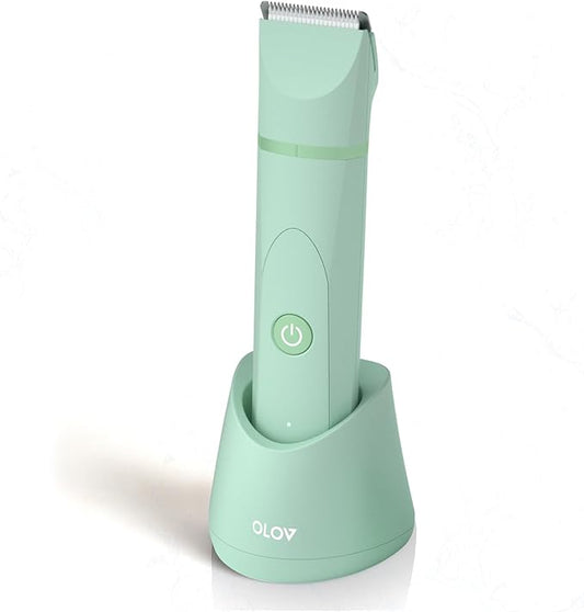 OLOV Electric Body Hair Trimmer - Groin Trimmer for Men - Bikini Trimmer Women - Wet/Dry Shaver Groomer, Replaceable Ceramic Blade Heads, USB Recharge Dock, Waterproof Hygiene Razor, Green