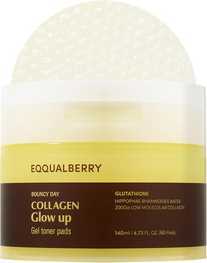 EQQUALBERRY Collagen Glow Up Gel Toner Pads – Brightening Korean Jelly Pad with Deep Absorption Collagen, Hydrating & Glow-Boosting Formula, 4.73 FL.OZ. (140ml) / 60 Pads