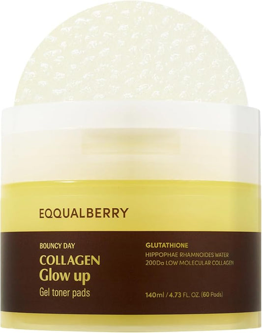 EQQUALBERRY Collagen Glow Up Gel Toner Pads – Brightening Korean Jelly Pad with Deep Absorption Collagen, Hydrating & Glow-Boosting Formula, 4.73 FL.OZ. (140ml) / 60 Pads