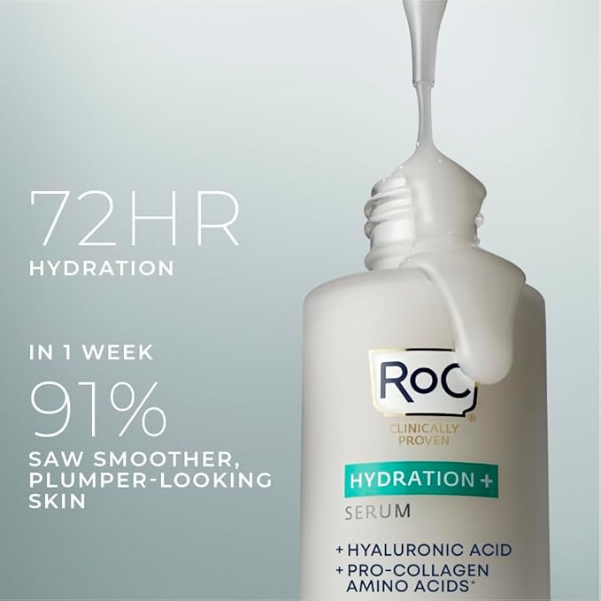 RoC Hydration+ Hyaluronic Acid Serum for Face, Hydrating, Plumping, Fragrance Free, Lightweight Formula with Collagen Proteins (1 Ounce) with Retinol Eye Cream Packette